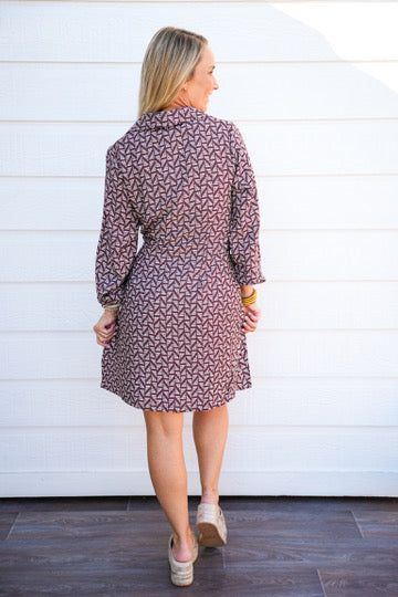 Brown Abstract Waist Tie Mini Dress