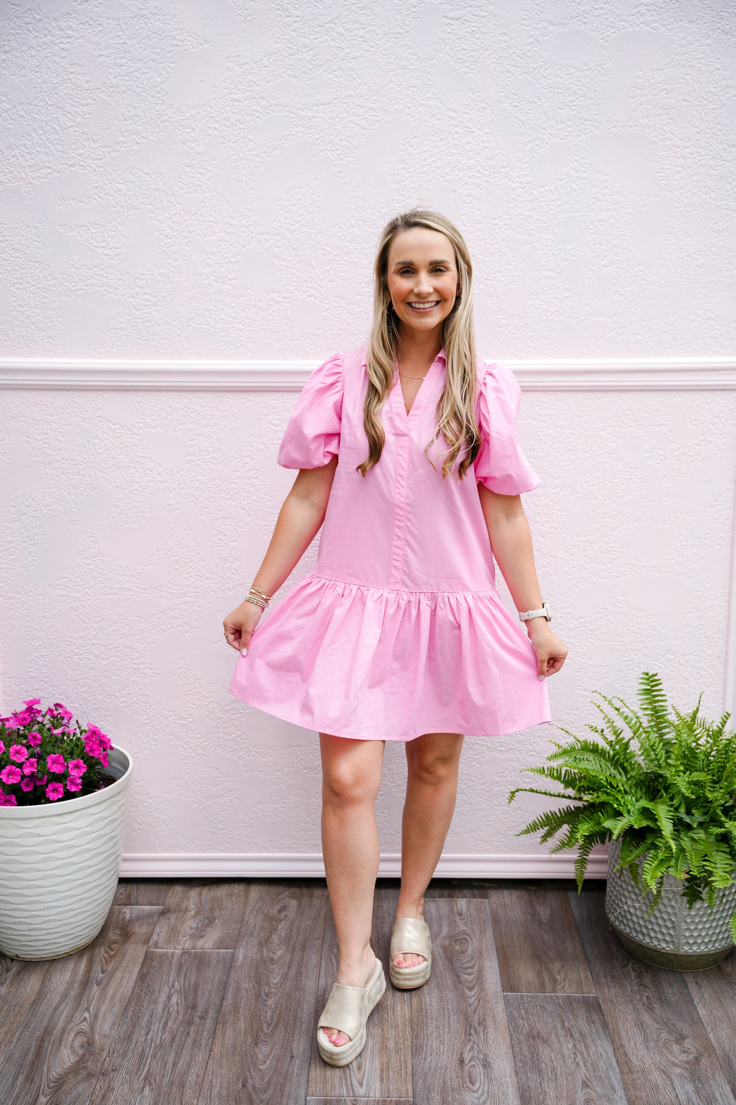 Collared Tiered Mini Dress - Pink - Southern Belle Boutique