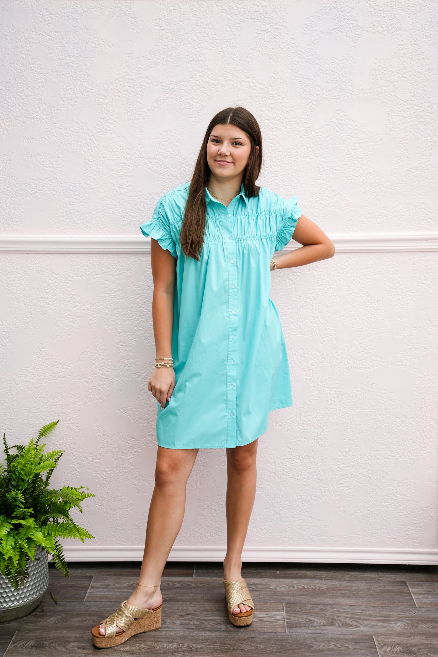 Turquoise Gathered Shirt Dress - Southern Belle Boutique