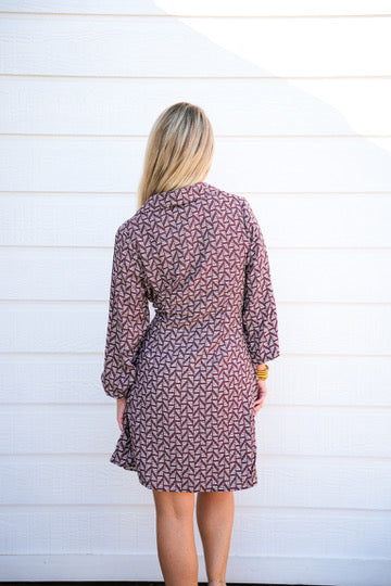 Brown Abstract Waist Tie Mini Dress