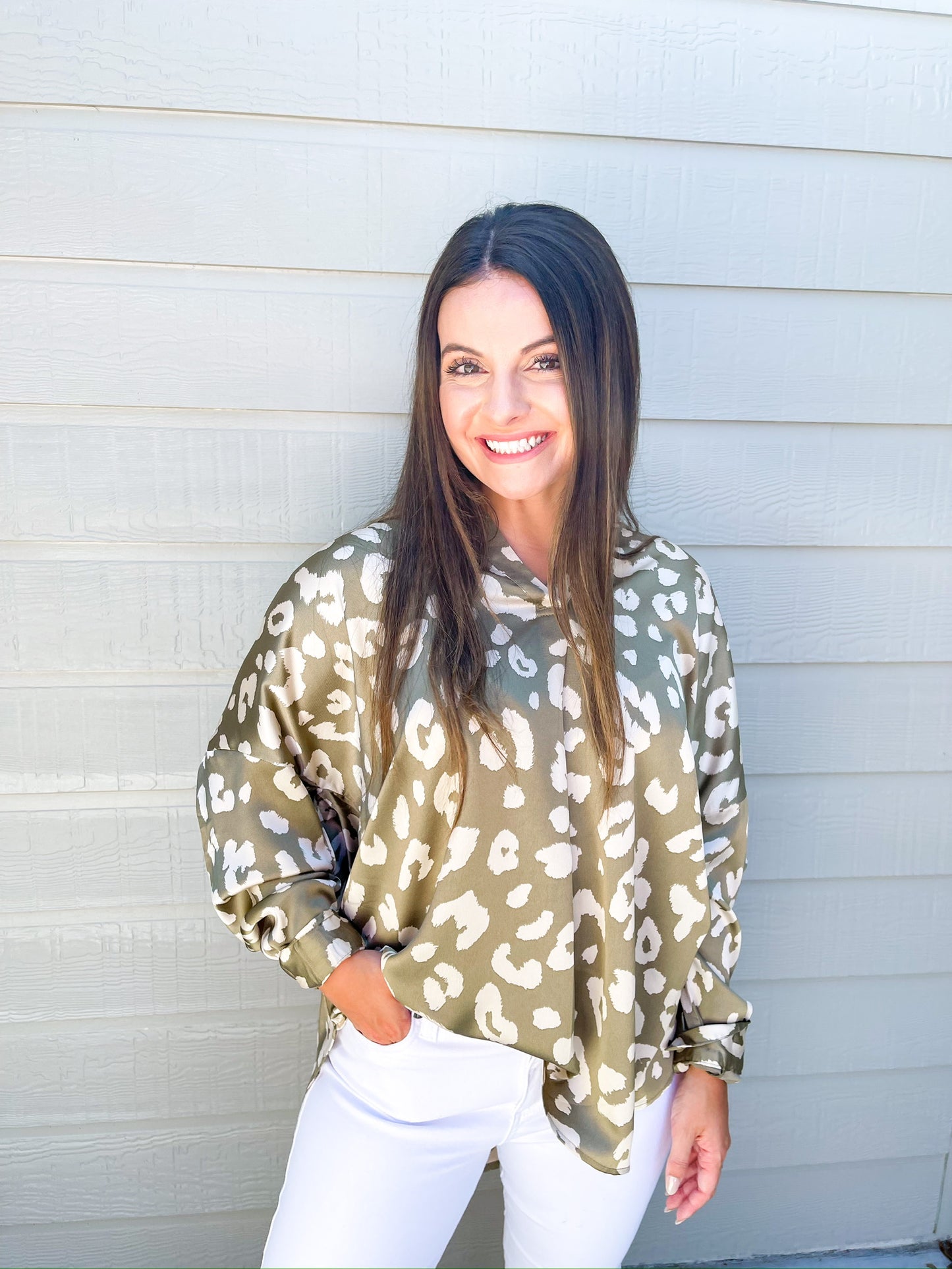 Mocha Spotted VNeck Blouse - Southern Belle Boutique