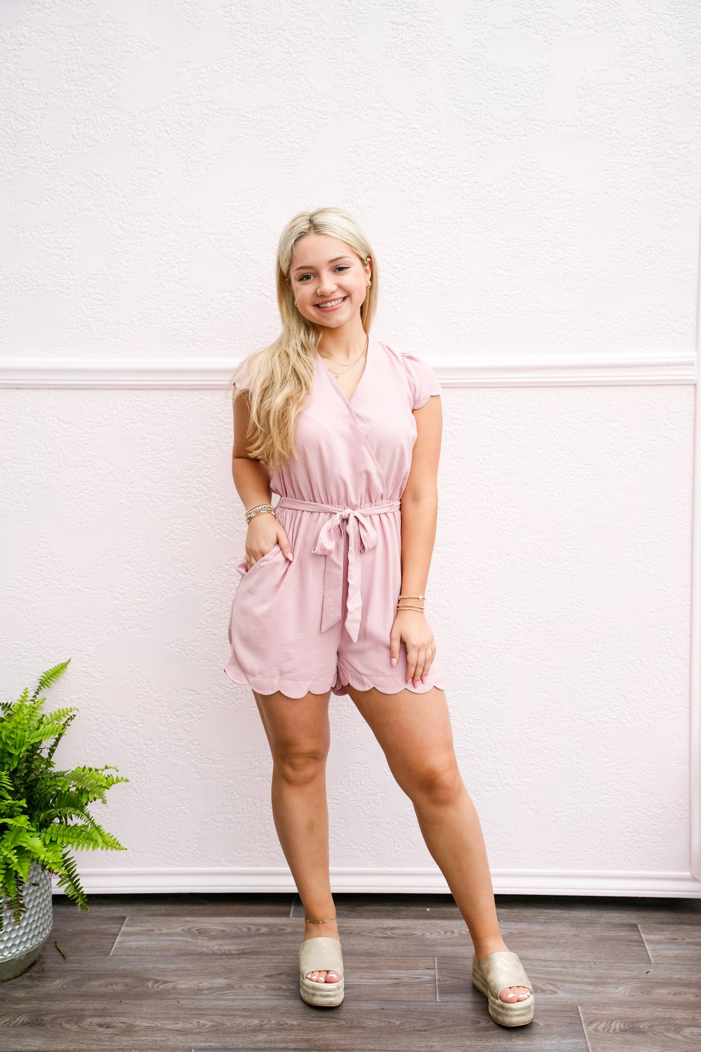 Scalloped Hem Romper with Self-Tie Ribbon - Southern Belle Boutique