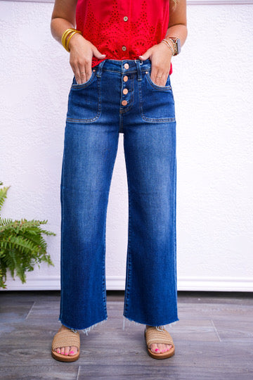 Risen High Rise Crop Wide Button Up Jean - Dark