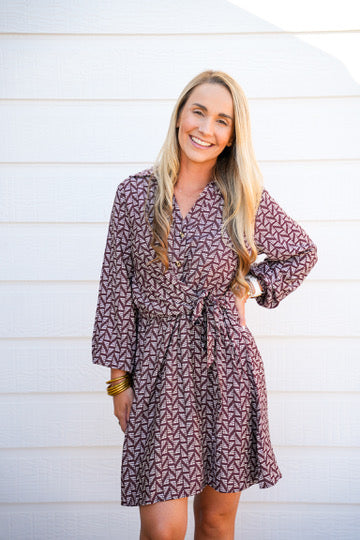 Brown Abstract Waist Tie Mini Dress