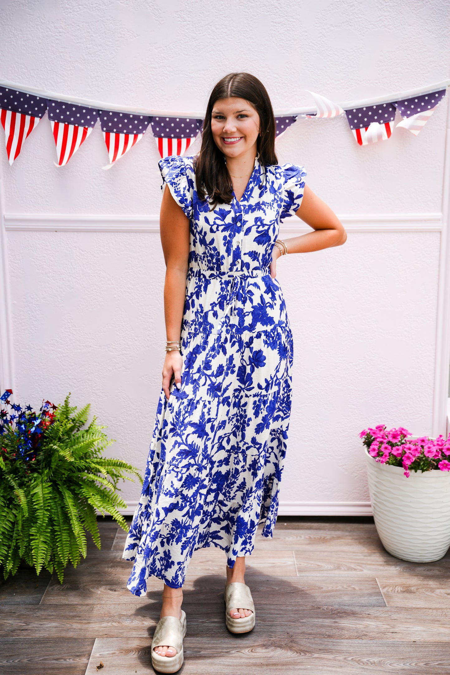 Blue Floral Printed Tiered Maxi Dress