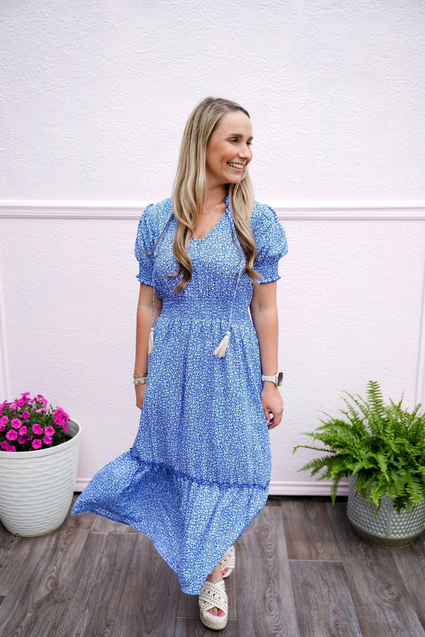 Smocked Waist Flower Print Midi Dress - Blue - Southern Belle Boutique