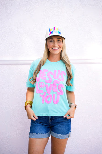 Smiley Jesus Loves You Puff Cropped Tee - Southern Belle Boutique