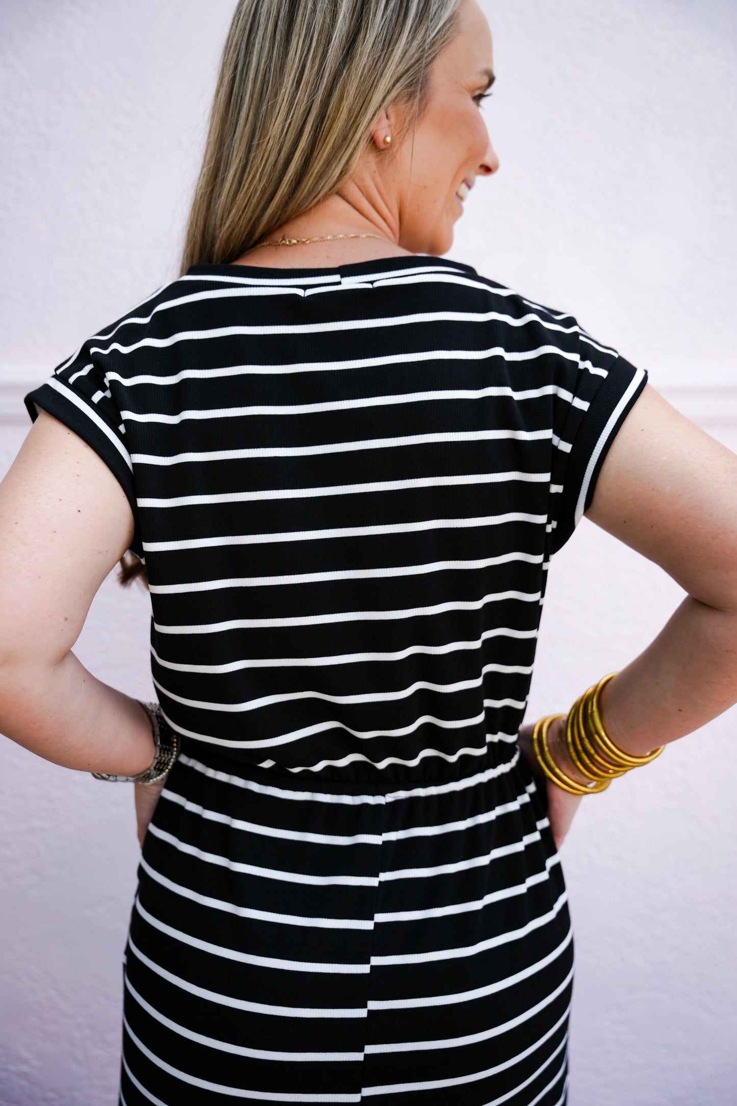 Black White Striped Drawstring Waist Dress - Southern Belle Boutique