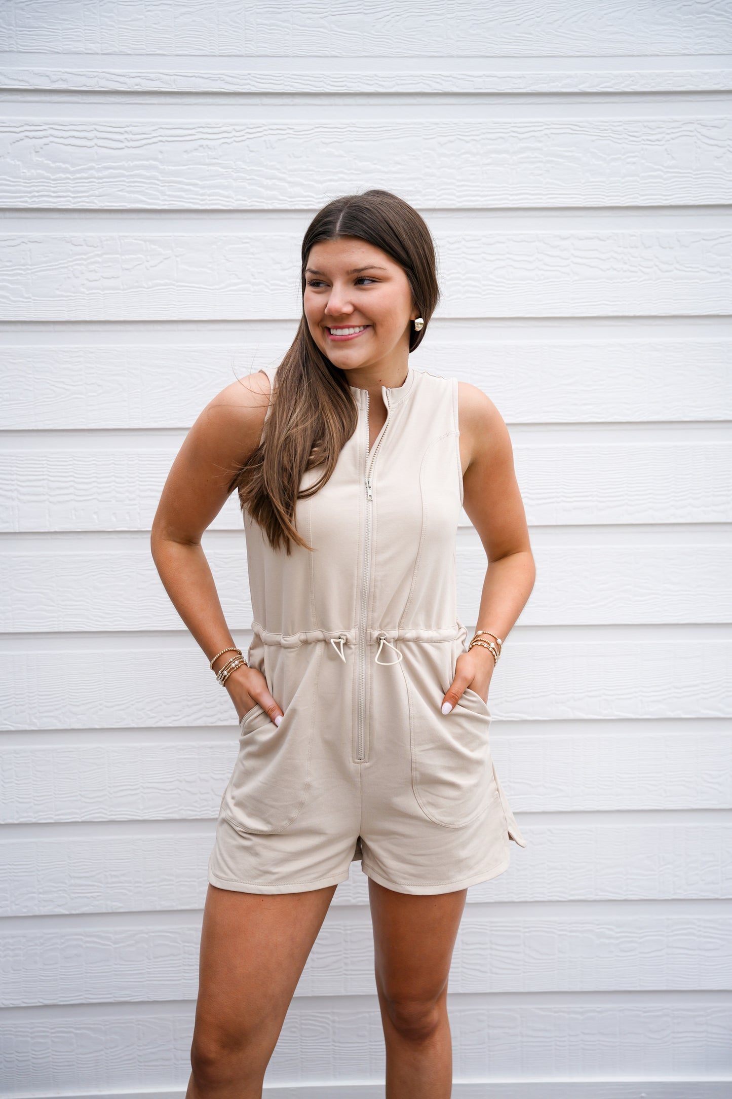 Sand Drawstring Waist Romper - Southern Belle Boutique