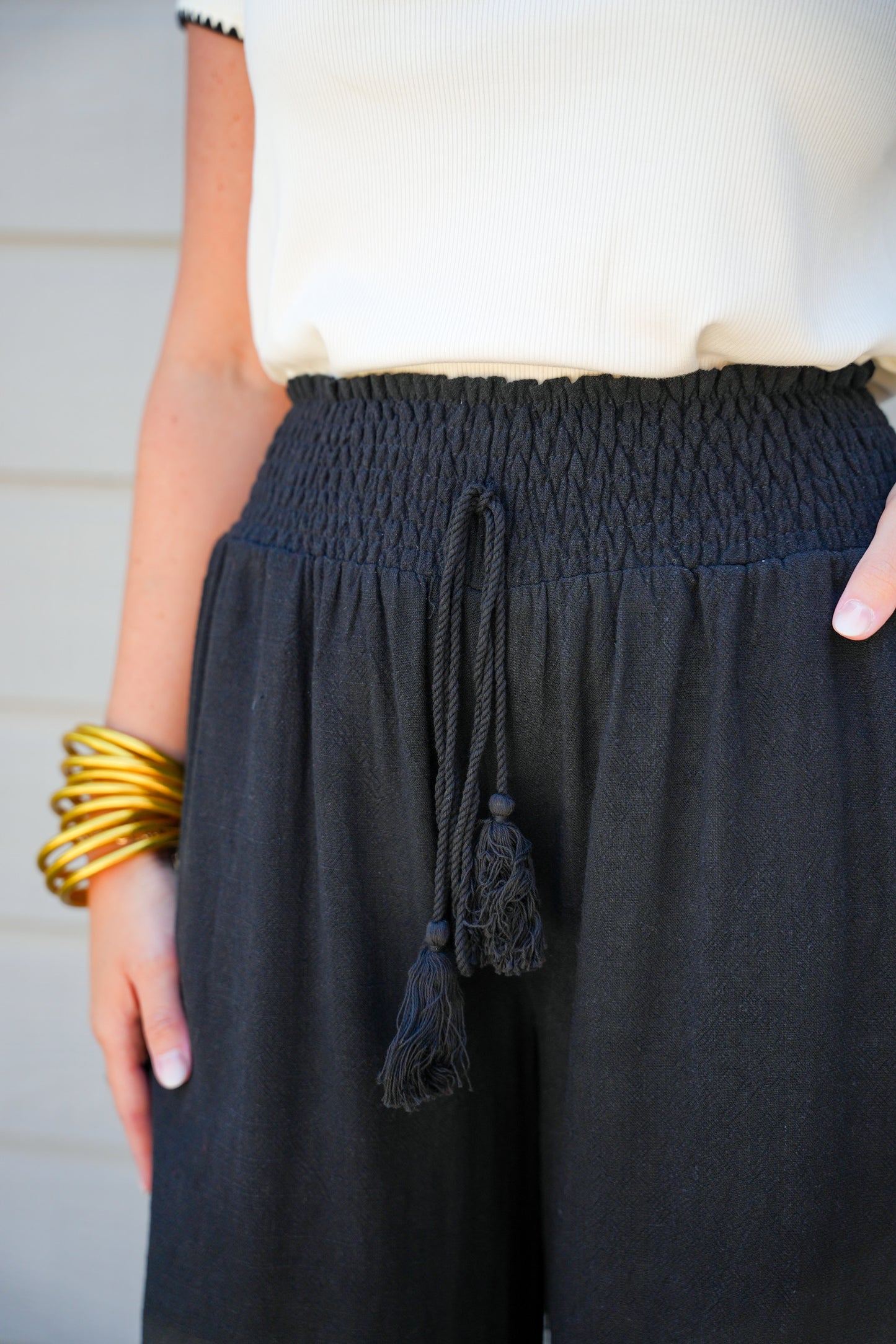 Cotton Linen Smocked Waist Pants with Tassel - Black - Southern Belle Boutique