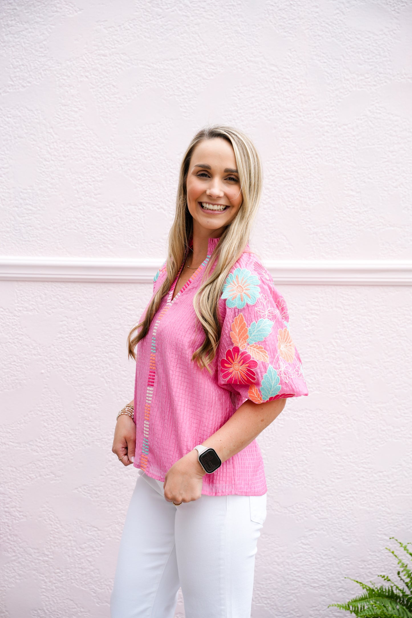 Embroidered Puff Sleeve Textured Top - Pink - Southern Belle Boutique