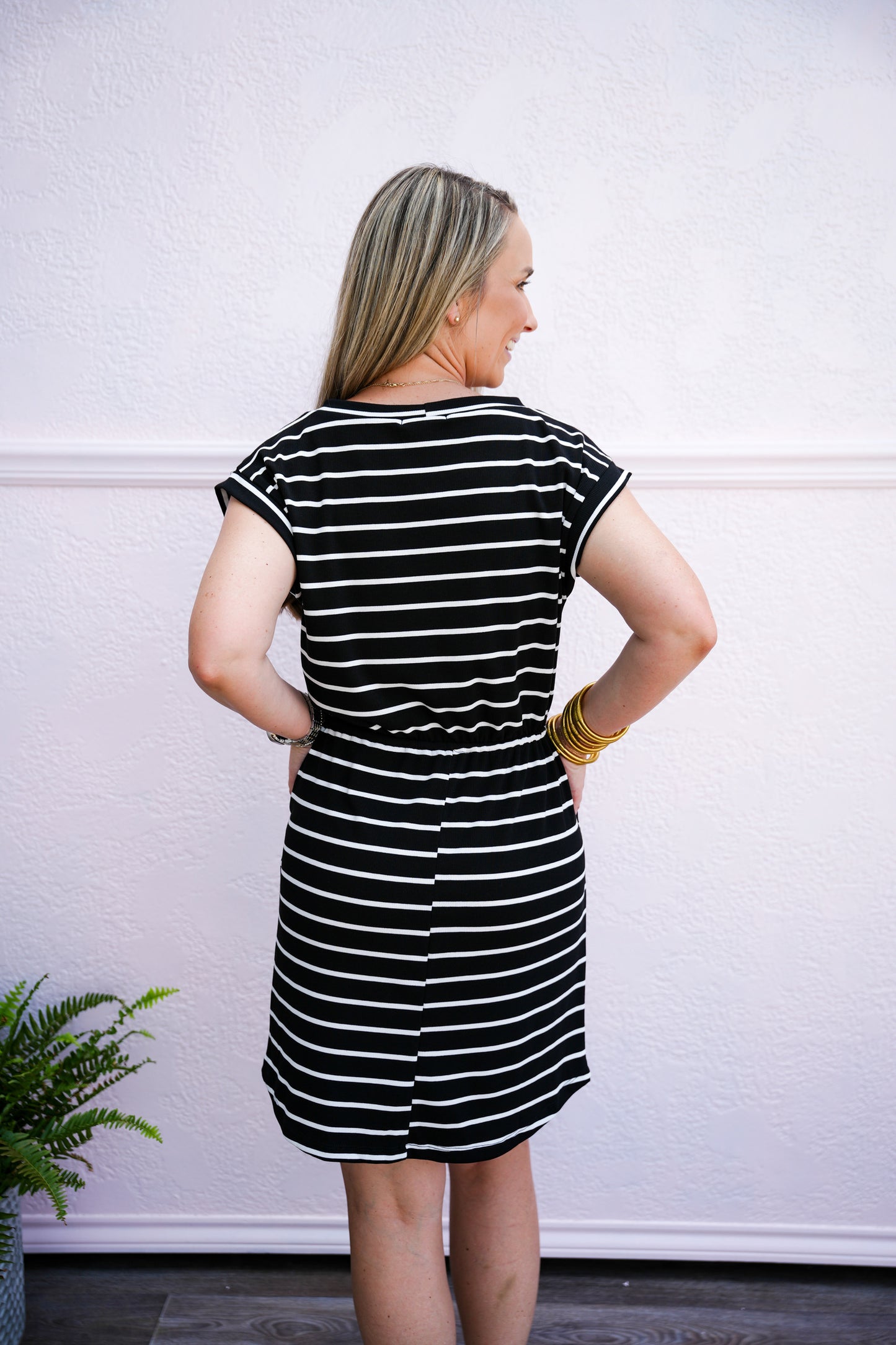 Black White Striped Drawstring Waist Dress - Southern Belle Boutique