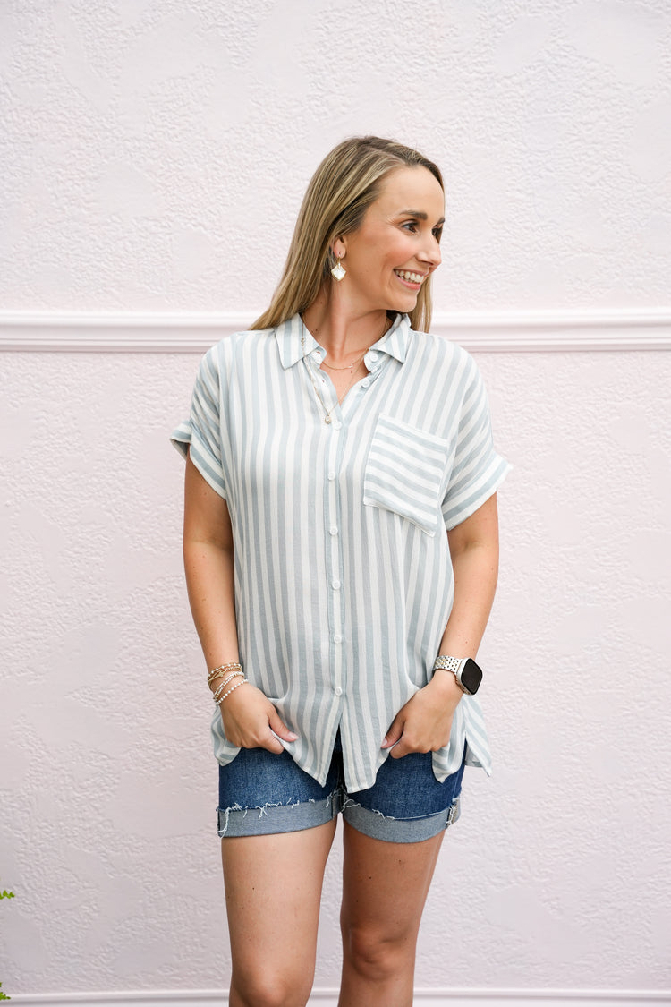 Dusty Blue/White Striped Blouse