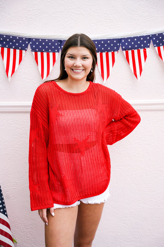 Red Star Pattern Crochet Sweater - Southern Belle Boutique