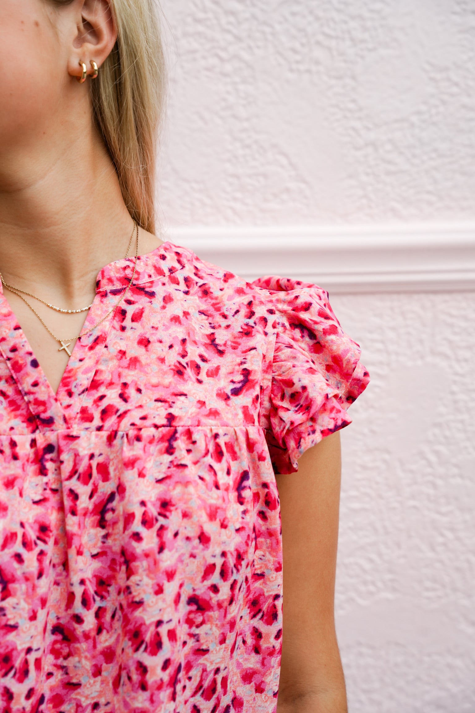 Fuchsia Floral Print Split V-Neck Ruffled Sleeve Top - Southern Belle Boutique