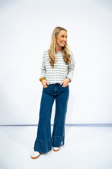 Mid Rise Flare Jean w/Split Cuff - Pearl Embellishment (Dark) - Southern Belle Boutique