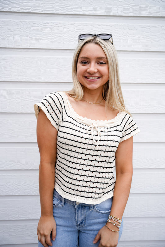 Cream Vintage Striped Crochet Knit Top - Southern Belle Boutique