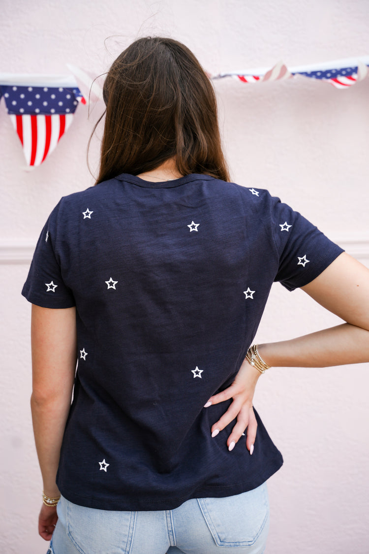 Star Embroidered Cotton Tee - Navy