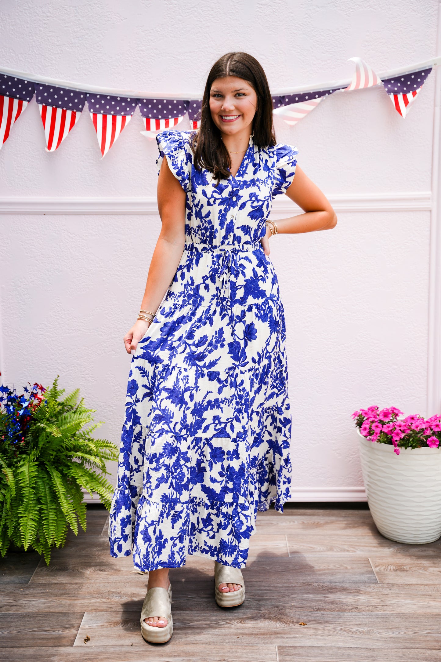 Blue Floral Printed Tiered Maxi Dress