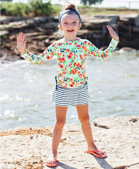 Long Sleeve Rash Guard Painted Flowers Skirted Bikini - Southern Belle Boutique