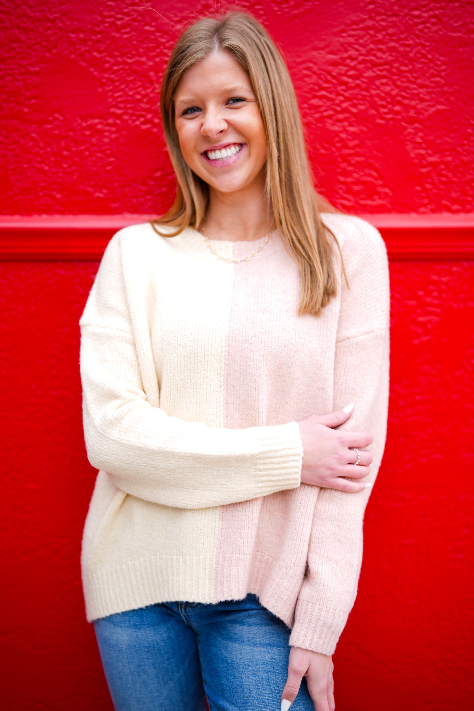 Colorblock Sweater - Ivory/Pink - Southern Belle Boutique