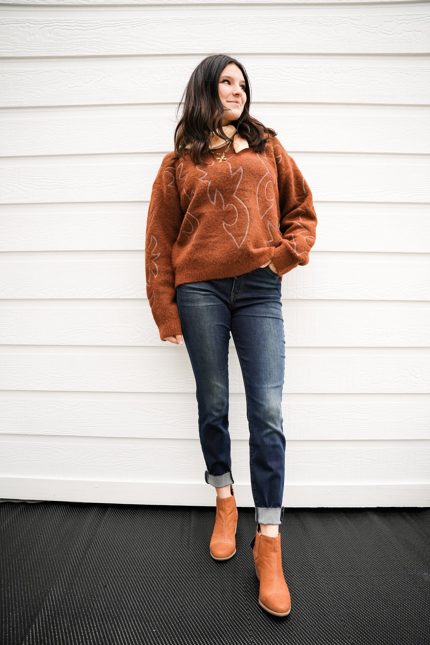 Western Boots Stitched Sweater - Southern Belle Boutique