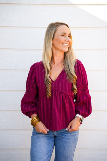 Burgundy Lace VNeck Blouse