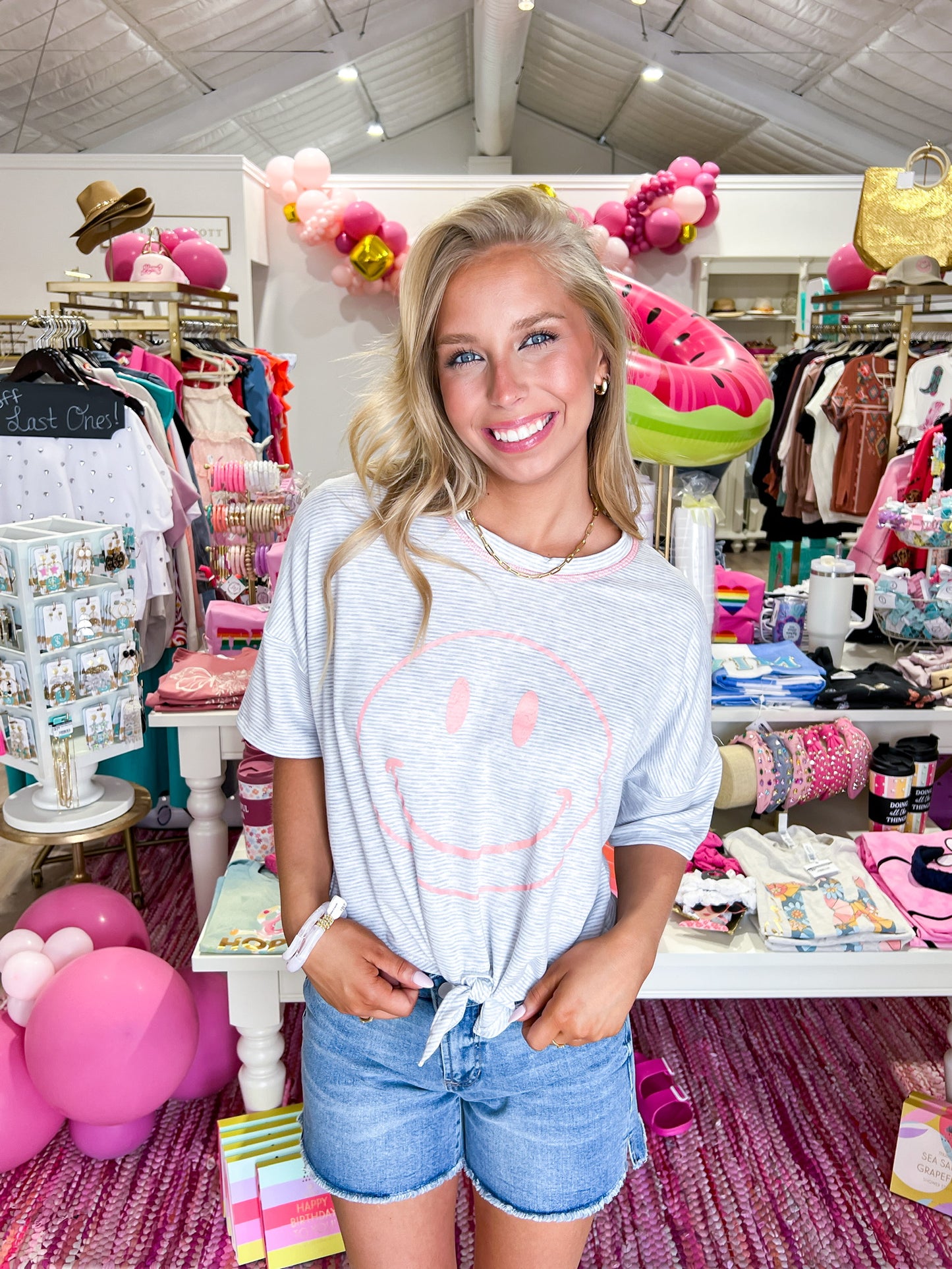 Denim Striped Smiley Front Tie Tee - Southern Belle Boutique