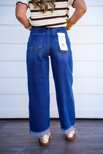 High Rise Fit Barrel Cuffed Jean - Dark Wash