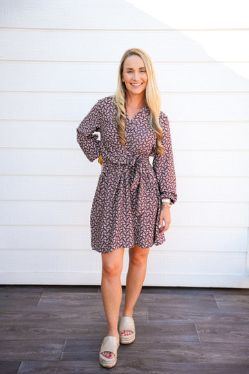 Brown Abstract Waist Tie Mini Dress