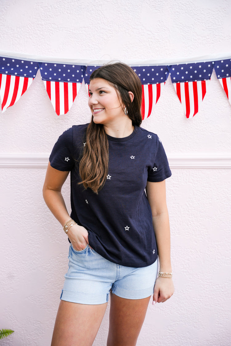 Star Embroidered Cotton Tee - Navy