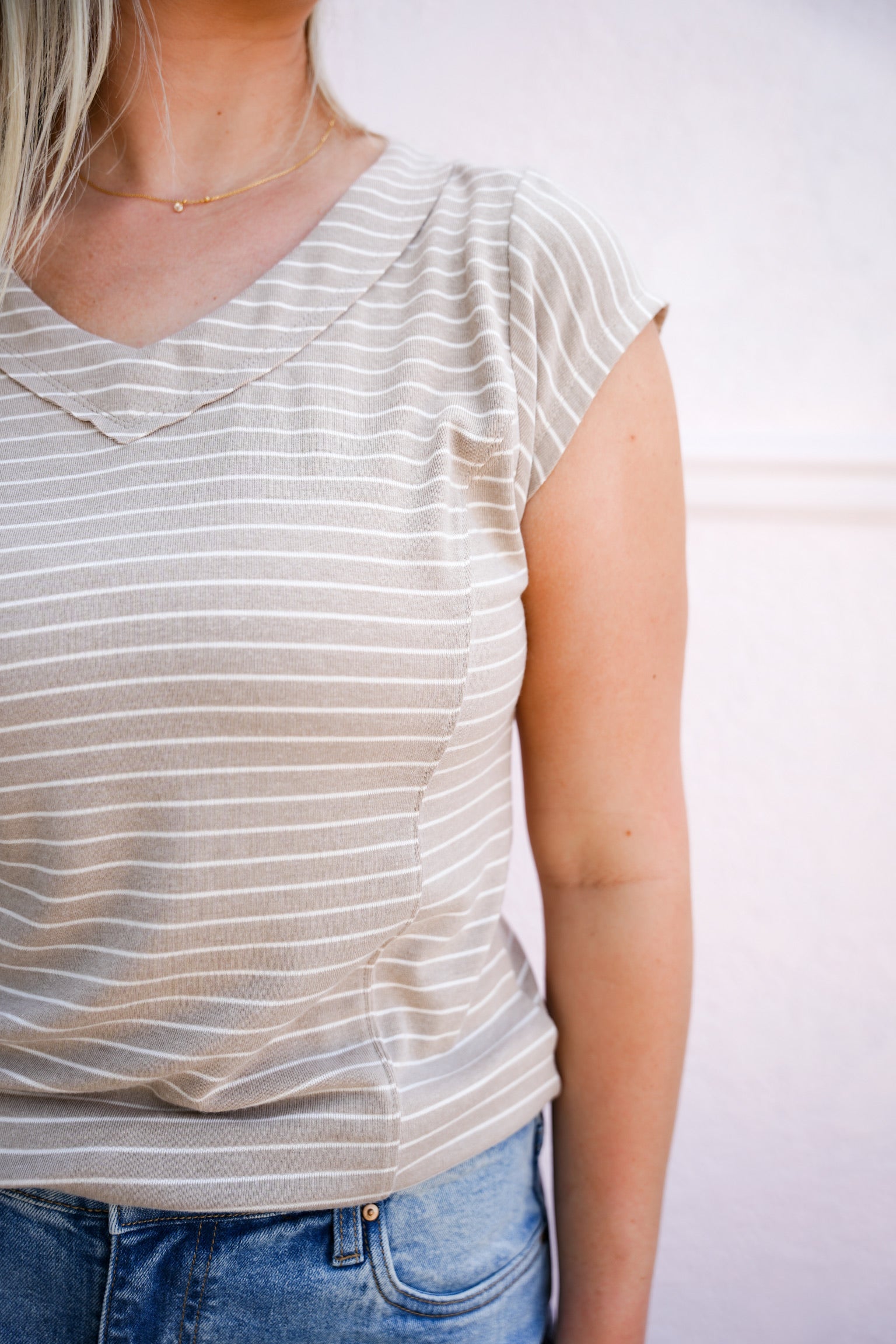 Taupe VNeck Hacci Striped Top - Southern Belle Boutique