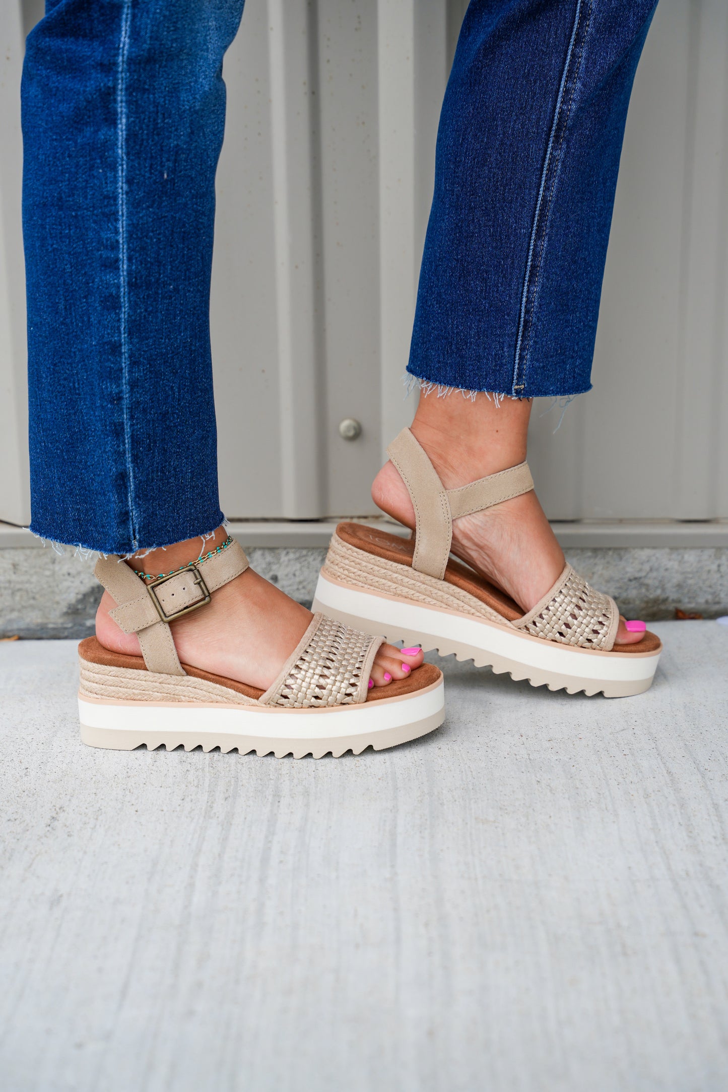 Diana Wedge Sandal - Champagne Metallic Basket Weave - Southern Belle Boutique