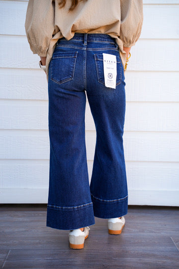 Tummy Control Mid Rise Crop Wide Pintuck Front Jeans - Deep Blue