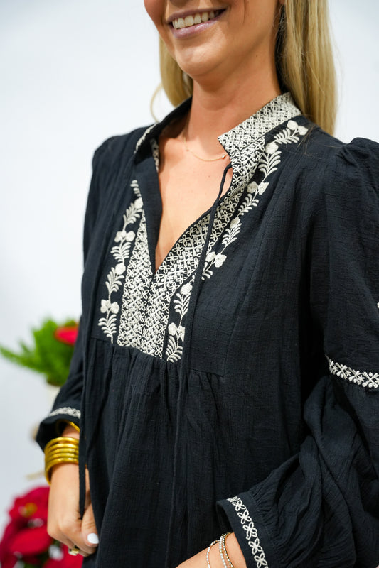 Black Embroidered Boho Blouse