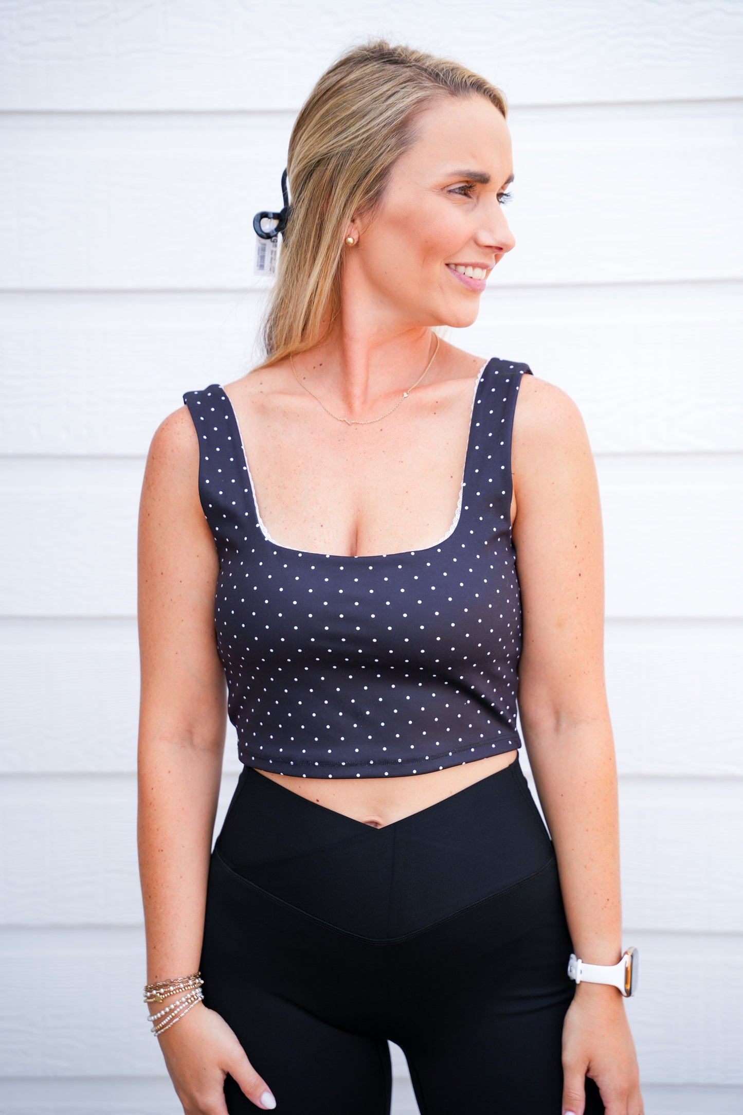 Black Polka Dot Print Crop Tank with Lace Trim