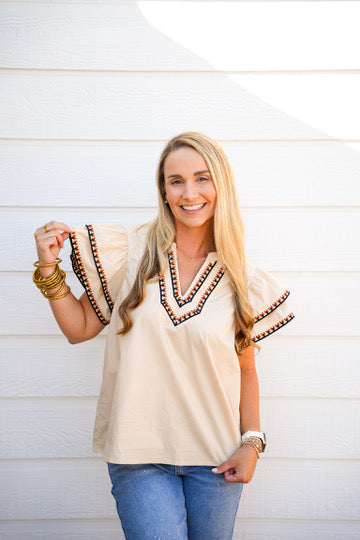 Flutter Sleeve Embroidered Trim Top In Taupe