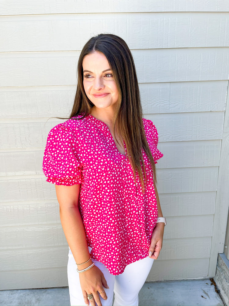 Hot Pink Heart Pattern Printed Blouse Top - Southern Belle Boutique