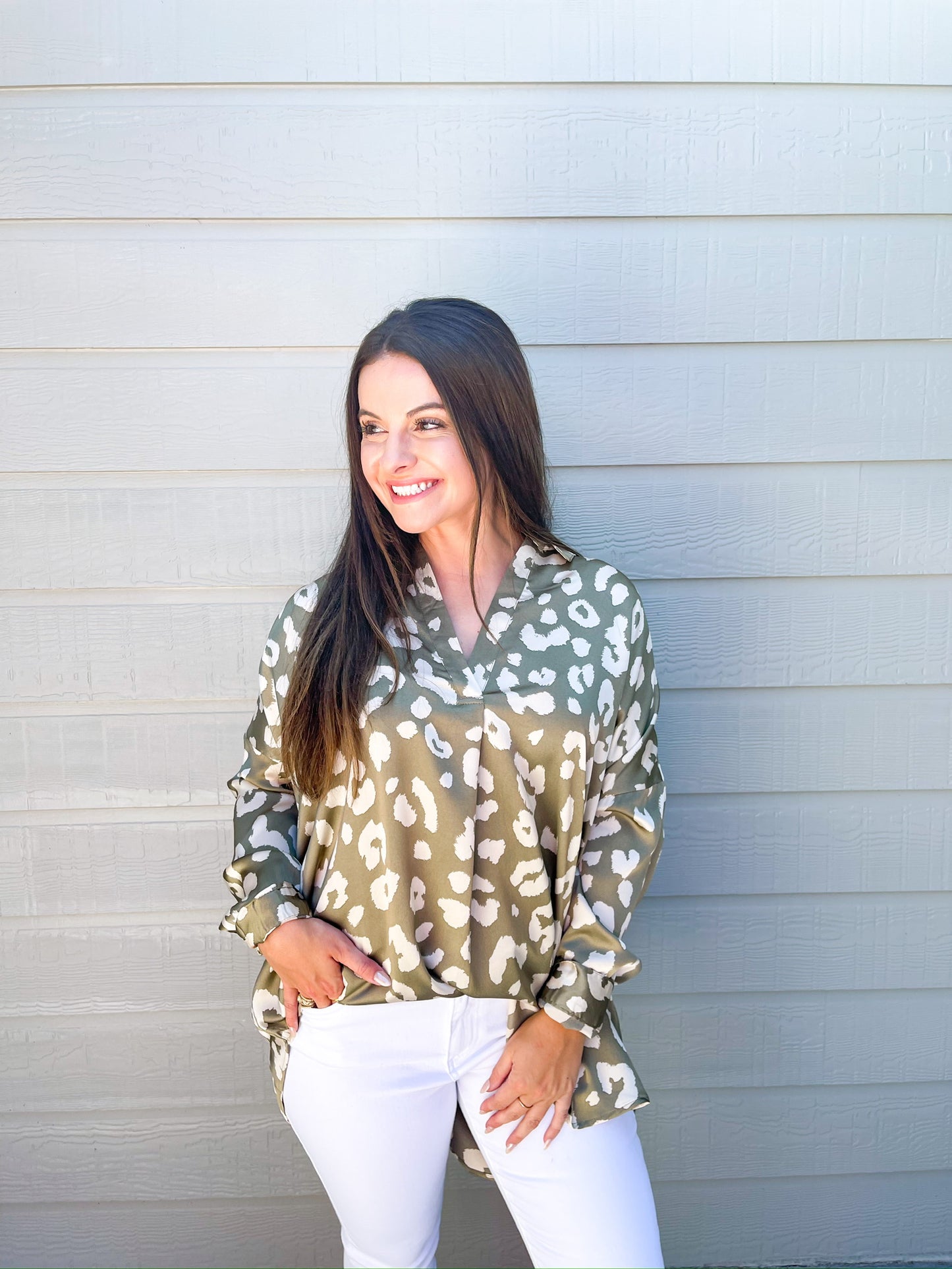 Mocha Spotted VNeck Blouse - Southern Belle Boutique