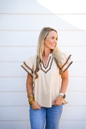 Flutter Sleeve Embroidered Trim Top In Taupe