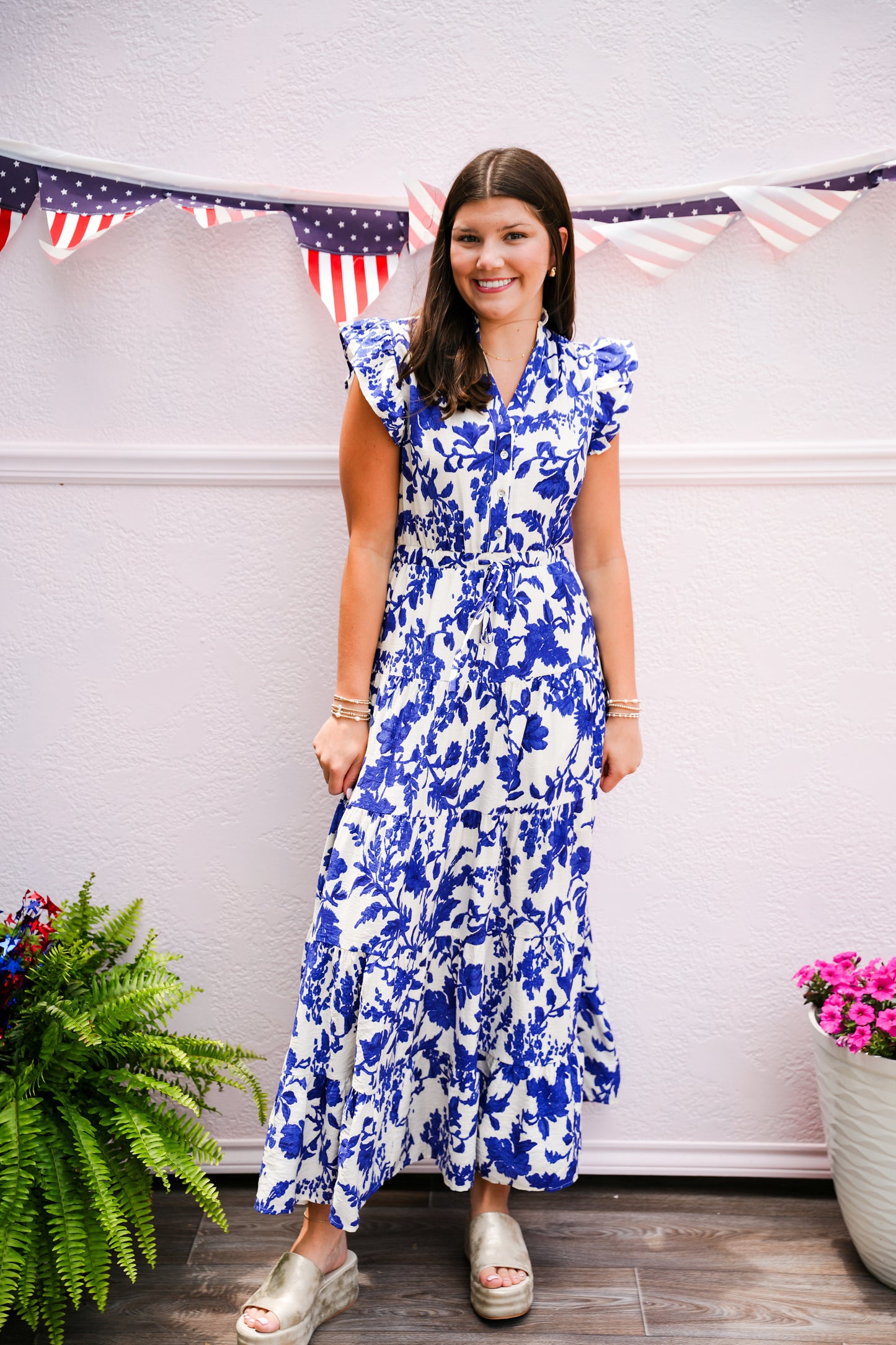 Blue Floral Printed Tiered Maxi Dress
