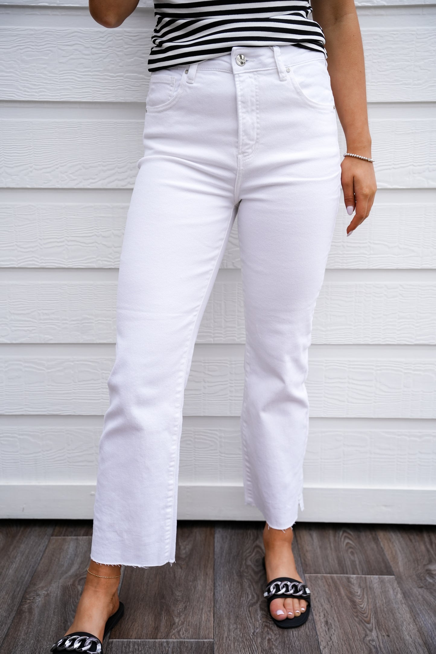 White Tummy Control High Rise Raw Hem Jean - Southern Belle Boutique