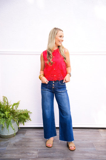 Risen High Rise Crop Wide Button Up Jean - Dark