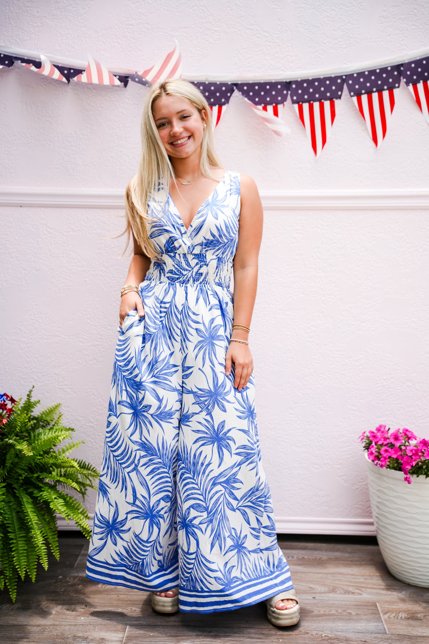 Tropical Print Royal Blue Jumpsuit