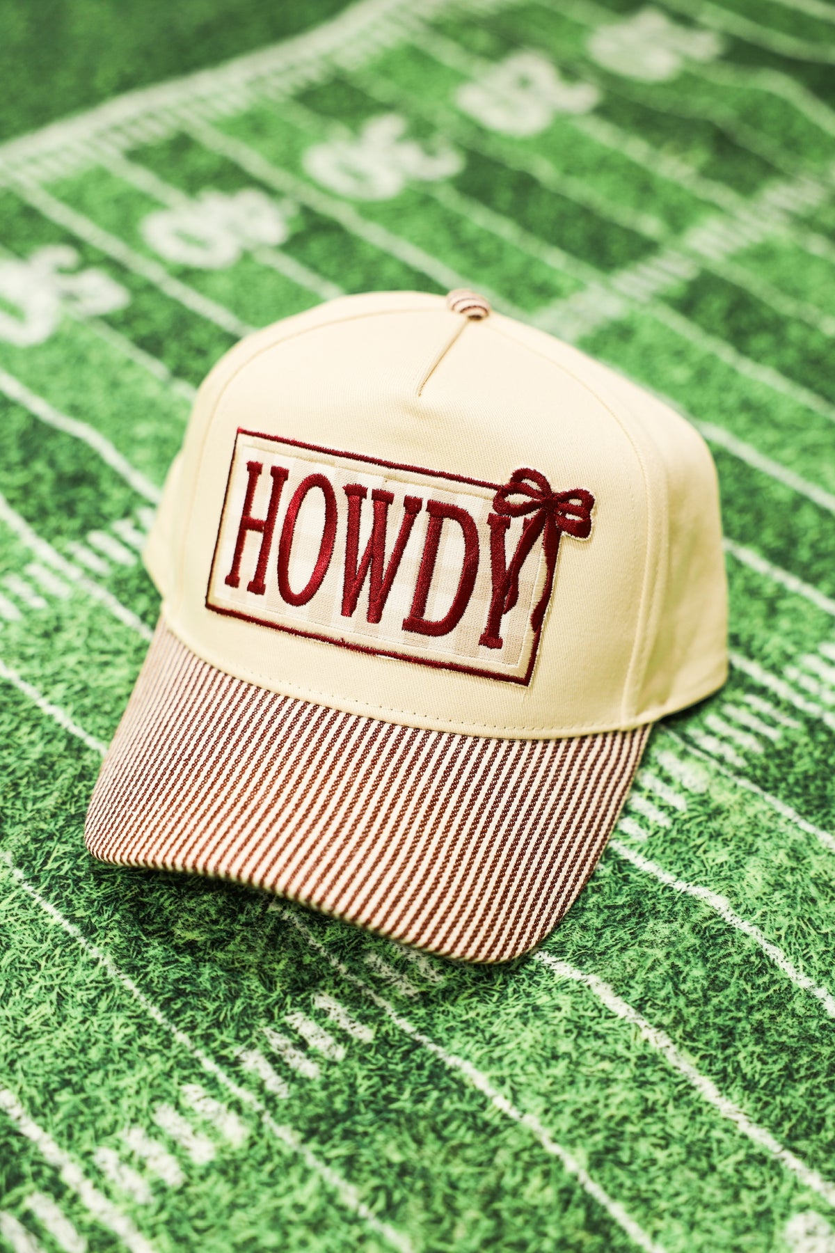 Howdy Bow Trucker Hat - Maroon Striped - Southern Belle Boutique