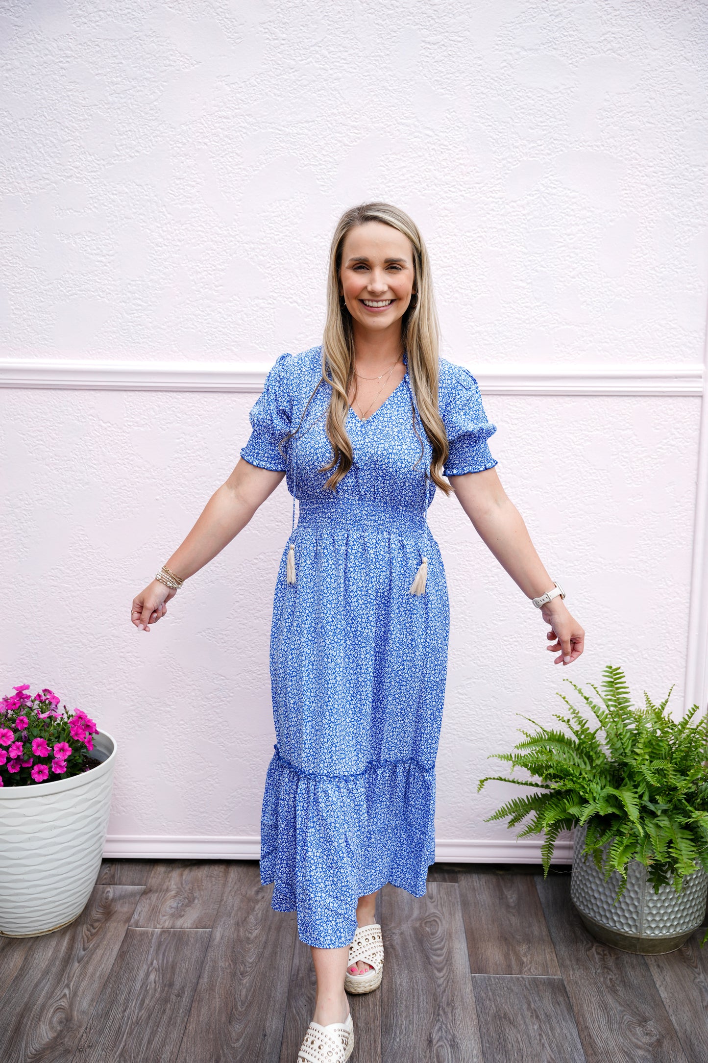 Smocked Waist Flower Print Midi Dress - Blue - Southern Belle Boutique