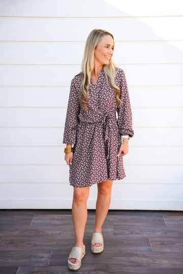 Brown Abstract Waist Tie Mini Dress