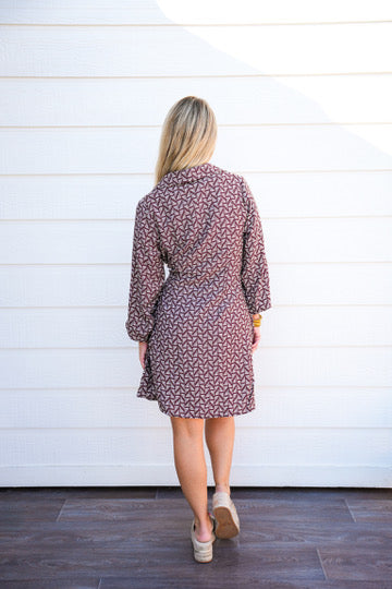 Brown Abstract Waist Tie Mini Dress