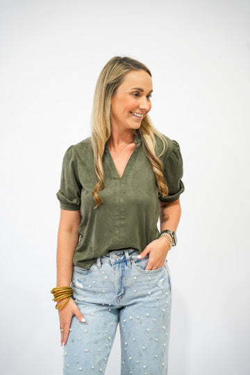 Kalia Suede Top - Slate Green - Southern Belle Boutique