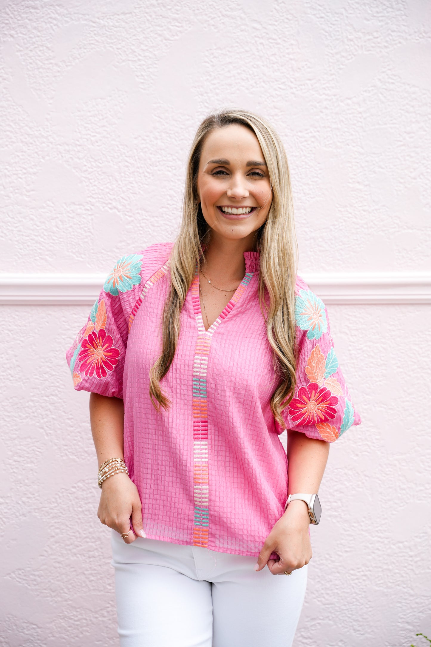 Embroidered Puff Sleeve Textured Top - Pink - Southern Belle Boutique